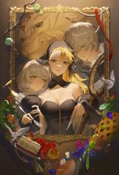 1boy 2girls absurdres ambrosia_(dungeon_meshi) animal_ears apple arm_grab bare_shoulders black_dress black_hat black_headscarf blonde_hair boy_and_girl_sandwich bread cake cake_slice chalice coin cup detached_collar detached_sleeves dragon dress dungeon_meshi extra_eyes falin_touden falin_touden_(chimera) food fork frown fruit fur-trimmed_sleeves fur_trim gem gorget grapes green_eyes grey_hair hair_over_one_eye hat head_wings headscarf highres holding holding_fork holding_knife jewelry knife laios_touden leaf long_hair looking_at_another looking_at_viewer mandragora marcille_donato marcille_donato_(lord) multiple_girls necklace one_eye_covered painting_(object) pearl_necklace picture_frame pie plate red_dragon_(dungeon_meshi) red_ribbon ribbon ring sandwiched short_hair smile spill spoilers staff strapless strapless_dress swept_bangs unworn_jewelry unworn_necklace upper_body walking_mushroom_(dungeon_meshi) winged_lion_(dungeon_meshi) wings yellow_eyes zzom_b