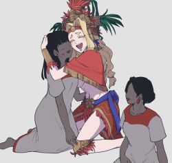 3girls aztec blonde_hair blush dark-skinned_female dark_skin fate/grand_order fate_(series) happy hug huna_nr long_hair looking_at_another multiple_girls poncho quetzalcoatl_(fate) skirt