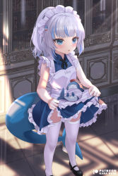 1girl apron bad_tag bare_arms black_ribbon black_shoes bloop_(gawr_gura) blue_dress blue_eyes blue_hair blunt_bangs blush child collared_dress dress fins fish_tail frilled_apron frilled_dress frills gawr_gura hair_ornament high_ponytail hololive hololive_english indoors light_particles loli maid maid_apron maid_headdress mary_janes medium_hair mujinbensin multicolored_hair neck_ribbon open_mouth ponytail ribbon shark_girl shark_hair_ornament shark_tail shoes sidelocks skirt_hold sleeveless sleeveless_dress solo streaked_hair striped_ribbon tail thighhighs thighs virtual_youtuber white_apron white_hair white_thighhighs wing_collar