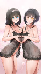 2girls :o asymmetrical_docking black_hair blue_eyes blush breast_press breasts cleavage closed_mouth collarbone commentary_request cowboy_shot frills from_side grey_hairband hairband heart heart_background heart_hands heart_hands_duo highres holding_hands idolmaster idolmaster_cinderella_girls interlocked_fingers large_breasts looking_at_viewer looking_to_the_side medium_hair mk_(mod0) multiple_girls nipples no_panties open_mouth pink_background sagisawa_fumika see-through_clothes short_hair smile takafuji_kako underwear underwear_only yellow_eyes