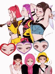 3girls blunt_bangs blush bracelet brown_eyes brown_hair hat highres holding holding_sword holding_weapon hood hoodie jewelry kpop_demon_hunters looking_ahead mira_(kpop_demon_hunters) multiple_girls multiple_views pink_hoodie purple_hair red_hair rumi_(kpop_demon_hunters) samenai_ymkr sidelocks simple_background smile sword weapon white_background yellow_hat zoey_(kpop_demon_hunters)