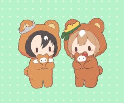 2girls animal_costume animal_ears bear_costume bear_ears bear_tail black_hair blush_stickers bow brown_hair character_request chibi fake_animal_ears fake_tail gomashio_(goma_feet) green_background holding multicolored_hair multiple_girls red_bow satono_crown_(umamusume) satono_diamond_(umamusume) simple_background standing tail two-tone_hair umamusume white_hair |_|