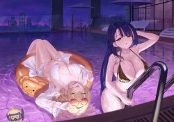 2girls absurdres azipou azur_lane bare_shoulders bikini blonde_hair breasts building chair cleavage collarbone diving_mask earrings eyewear_on_head frilled_bikini frills goggles gold_bikini hair_between_eyes hashtag-only_commentary heart heart_earrings highres huge_breasts jewelry lace lace-trimmed_bikini lace_trim lion_(azur_lane) lion_(the_reclining_dandelion)_(azur_lane) long_hair looking_at_viewer lying manjuu_(azur_lane) mole mole_under_eye multicolored_hair multiple_girls night official_alternate_costume on_back on_innertube orange-framed_eyewear orange_innertube orange_streaks pink-tinted_eyewear pool poolside see-through_clothes see-through_sleeves skindentation skyscraper snorkel streaked_hair swimsuit tinted_eyewear tongue tongue_out trafalgar_(azur_lane) trafalgar_(sea_breeze_moonlit_talks)_(azur_lane) umbrella very_long_hair water wet white_bikini white_umbrella yellow_eyes