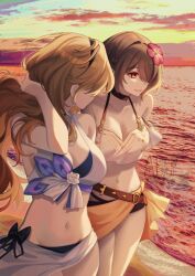 2girls bare_shoulders beach bikini black_choker black_hairband blonde_hair breasts choker cleavage cloud durandal_(honkai_impact) flower hair_flower hair_ornament hair_over_one_eye hairband honkai_(series) honkai_impact_3rd long_hair looking_at_another looking_to_the_side mole mole_under_eye multiple_girls navel outdoors parted_lips rita_rossweisse short_hair sky stomach swimsuit tana_(tanabio) white_bikini