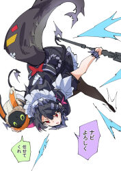 1girl bangboo_(zenless_zone_zero) black_dress black_hair commentary_request dress ellen_joe fins fish_tail hair_ornament hairpin holding holding_polearm holding_weapon looking_at_viewer maid maid_headdress nodachi_(nodati51) open_mouth polearm red_eyes shark_girl shark_tail short_hair solo tail translation_request weapon white_background white_headdress zenless_zone_zero