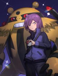 1boy blue_background closed_mouth commentary_request cowboy_shot electivire gen_4_pokemon hair_over_one_eye high_collar highres holding holding_poke_ball jacket long_sleeves male_focus nintendo pants paul_(pokemon) poke_ball poke_ball_(basic) pokemon pokemon_(anime) pokemon_(creature) pokemon_dppt_(anime) purple_hair shirt short_hair strap yibuzhai
