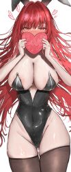1girl absurdres alternate_costume animal_ears black_leotard blush breasts commentary embarrassed fake_animal_ears gluteal_fold goddess_of_victory:_nikke heart highres iwazaki large_breasts leotard long_hair looking_at_viewer playboy_bunny rabbit_ears rapi_(nikke) rapi_(red_hood)_(nikke) red_eyes red_hair skindentation solo sweat thick_thighs thigh_gap thighhighs thighs very_long_hair white_background