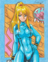 1girl blonde_hair blue_eyes bodysuit breasts highres large_breasts long_hair looking_at_viewer metroid mole mole_under_mouth nintendo ponytail ravernclouk samus_aran solo zero_suit