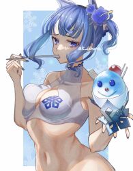 1girl bare_shoulders bikini bikini_top_only blue_eyes blue_hair blue_nails blunt_bangs breast_press breasts cleavage cleavage_cutout clothing_cutout fire_emblem fire_emblem_heroes food highres holding holding_food holding_ice_cream holding_spoon ice_cream karashino medium_breasts nail_polish navel nifl_(fire_emblem) nifl_(summer)_(fire_emblem) nintendo official_alternate_costume official_alternate_hairstyle ponytail shaved_ice short_hair sidelocks solo spoon swimsuit white_bikini