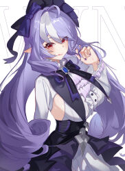 1girl absurdres ascot black_nails bow bowtie breasts drill_hair gem hair_between_eyes hand_in_own_hair highres large_breasts long_hair mole mole_under_eye pointy_ears purple_ascot purple_bow purple_bowtie purple_gemstone purple_hair red_eyes shrug_(clothing) sideboob_cutout smile tongue tongue_out twin_drills twirling_hair vivian_banshee white_shrug yiqi zenless_zone_zero
