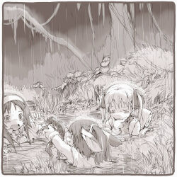 3girls backpack bag commentary_request furry furry_female greyscale kikurage_(crayon_arts) monochrome multiple_girls original outdoors partially_submerged rabbit_girl rain toad_(animal) twintails wetland