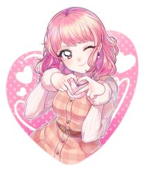 bang_dream! belt bulkobon button_dress dress earrings fur-trimmed_sleeves fur_trim heart heart_hands highres jewelry maruyama_aya medium_hair necklace one_eye_closed parted_bangs pinafore_dress pink_eyes pink_hair plaid_clothes plaid_dress ribbed_sweater sleeveless sleeveless_dress sweater turtleneck turtleneck_sweater white_background