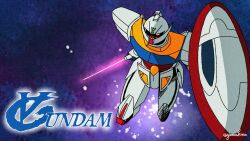 commentary_request copyright_name energy_sword flying gundam highres holding holding_sword holding_weapon mecha mecha_focus mobile_suit nebula no_humans robot science_fiction shield solo space star_(sky) sword turn_a_gundam turn_a_gundam_(mobile_suit) twitter_username weapon yatta_kita yellow_eyes