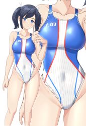 1girl absurdres alternate_costume black_hair blue_eyes blue_one-piece_swimsuit breasts competition_swimsuit covered_navel hair_ribbon highleg highleg_one-piece_swimsuit highres kantai_collection large_breasts long_hair multicolored_swimsuit one-piece_swimsuit ribbon smile souryuu_(kancolle) swimsuit takafumi twintails white_background white_one-piece_swimsuit white_ribbon zoom_layer