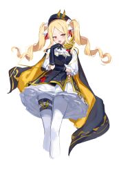 1girl absurdres ascot blonde_hair blue_cape blue_dress blue_gloves blue_hat blush cape commentary_request dress drill_hair elbow_gloves fang gloves hair_ribbon hat highres holding holding_wand jewelry layered_dress long_hair looking_at_viewer ojou-sama_pose open_mouth opulent_strategist_(shadowverse) petticoat red_eyes ribbon ring shadowverse shiro_wa_(shiroshironix) short_dress sketch smug solo standing twin_drills two-sided_cape two-sided_fabric two-tone_dress wand white_ascot white_dress yellow_cape
