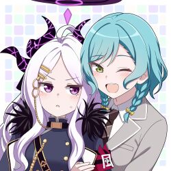 Rule 34 | 2girls, :d, :o, absurdres, ahoge, aqua hair, armband, bang dream!, black horns, blue archive, blush, bow, braid, breasts, brown necktie, buttons, coat, coat on shoulders, crossover, demon girl, demon horns, double-breasted, forehead, fur-trimmed coat, fur trim, green eyes, hair bow, hair ornament, hairclip, halo, haneoka school uniform, highres, hikawa hina, hina (blue archive), holding another&#039;s arm, horns, jacket, long hair, looking at viewer, military uniform, multiple girls, multiple horns, necktie, one eye closed, open mouth, parted bangs, purple eyes, purple halo, red armband, school uniform, shirt, short hair, side braids, smile, teeth, twin braids, upper teeth only, vector (dmlddmld00), white hair, white shirt, yellow bow