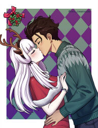 Rule 34 | 1boy, 1girl, alternate costume, antlers, argyle background, artist name, bare shoulders, blush, breasts, christmas, claude von riegan, closed eyes, dark-skinned male, dark skin, dress, fire emblem, fire emblem: three houses, fire emblem warriors: three hopes, green sweater, hands on another&#039;s chest, hands on another&#039;s waist, horns, kiss, long hair, lysithea von ordelia, medium breasts, mistletoe, nintendo, official alternate hairstyle, rein creamsoda, reindeer antlers, santa costume, santa dress, sweater, twitter username, very long hair, white hair