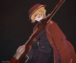 1boy baconepibaby black_background black_gloves black_pants black_shirt blonde_hair coat coat_on_shoulders collared_shirt gloves gun hat highres limbus_company long_sleeves looking_at_viewer male_focus pants project_moon red_coat red_hat shirt short_hair simple_background sinclair_(project_moon) solo standing thumb_(identity)_(project_moon) upper_body weapon yellow_eyes