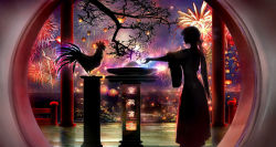 00 1girl bird branch chicken chinese_zodiac city city_lights dark female_focus fireworks hakama hakama_skirt highres japanese_clothes long_hair miko new_year night original ponytail profile rooster scenery shrine silhouette skirt sky solo window year_of_the_rooster