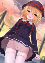 1girl absurdres backpack bag blonde_hair blurry blurry_background blurry_foreground blush bow commission depth_of_field gluteal_fold green_eyes hat hat_bow highres idolmaster idolmaster_cinderella_girls idolmaster_cinderella_girls_u149 looking_at_viewer no_panties open_mouth outdoors pussy randoseru red_bow ri5taccia sakurai_momoka school_uniform short_hair skeb_commission solo standing thighhighs uncensored watermark