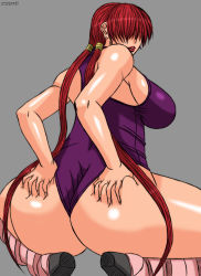 1girl ass bare_shoulders boots breasts deep_skin earrings female_focus from_behind grabbing_own_ass hair_over_eyes highres huge_ass jewelry large_breasts leotard lips lipstick long_hair makeup papepox2 red_hair shermie_(kof) shiny_skin simple_background solo squatting the_king_of_fighters thong thong_leotard twintails very_long_hair