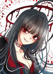 1girl black_hair black_sailor_collar black_serafuku blood blood_halo blue_archive breasts cleavage halo highres large_breasts liquid_halo long_hair looking_at_viewer mancokapa9 neckerchief red_eyes red_neckerchief sailor_collar school_uniform serafuku solo sweat tsurugi_(blue_archive) undone_neckerchief