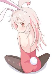 1girl ahoge animal_ear_hairband animal_ears ass backless_leotard bare_arms bare_back bare_shoulders black_pantyhose brown_eyes fake_animal_ears from_behind hairband highres leotard long_hair looking_at_viewer looking_back onii-chan_wa_oshimai! oyama_mahiro pantyhose pink_hair playboy_bunny rabbit_ears rabbit_tail red_leotard riannn_desu shoulder_blades simple_background sitting solo strapless strapless_leotard tail white_background white_hairband