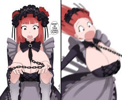 Rule 34 | 1girl, absurdres, aki-chan (dismaiden), apron, black dress, breasts, brown eyes, chain, cleavage, comic, cosplay, detached collar, dismaiden, dress, english text, gothic lolita, highres, holding, holding chain, huge breasts, kitagawa marin, kitagawa marin (cosplay), lolita fashion, long hair, maid, motion blur, original, red hair, signature, solo, sono bisque doll wa koi wo suru, upper body, waist apron