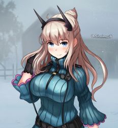 1girl artist_name blonde_hair blue_eyes blush breasts gloves hair_bun hair_ornament highres large_breasts reiley_miller sega senjou_no_valkyria_(series) senjou_no_valkyria_4 smile snow stormowl0 turtleneck zipper