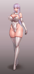 Rule 34 | 1girl, boots, breasts, bursting breasts, cleavage, covered erect nipples, covered navel, elbow gloves, enjou sakuya, gloves, high heel boots, high heels, highleg, highleg leotard, huge breasts, leotard, looking at viewer, original, pink eyes, purple hair, rindou (radical dream), shiny clothes, skin tight, solo, thick thighs, thigh boots, thighhighs, thighs, thong leotard