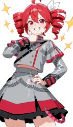 1girl absurdres ahoge blush commentary_request drill_hair grey_skirt highres kasane_teto kasane_teto_(sv) long_sleeves looking_at_viewer midriff nail_polish red_eyes red_hair red_nails ribbon shiguren_39 simple_background skirt smile solo sparkle synthesizer_v twin_drills utau white_background white_ribbon