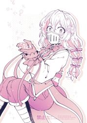Rule 34 | 1boy, balam shichirou, bird legs, bow, bowtie, braid, collared shirt, drop shadow, flower, frilled sleeves, frills, gloves, hair between eyes, hair ribbon, halftone, highres, isiko mim z, long hair, long sleeves, looking at viewer, mairimashita! iruma-kun, male focus, mask, monochrome, mouth mask, outline, pants, pointy ears, ribbon, sepia, shirt, simple background, solo, tailcoat, tareme, trap, twin braids, watermark, white background
