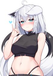 1girl ahoge animal_ear_fluff animal_ears arm_up black_shirt blush braid crop_top deaver earrings ears_down fox_ears fox_girl fox_shadow_puppet fox_tail green_eyes hair_between_eyes halterneck heart highleg highleg_panties highres hololive jewelry long_hair looking_at_viewer midriff navel panties pentagram shirakami_fubuki shirt sidelocks simple_background single_braid sleeveless sleeveless_shirt solo tail underwear virtual_youtuber wavy_mouth white_background white_hair