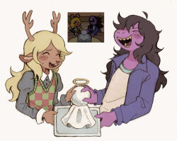 &gt;_&lt; 2girls animal_ears antlers black_hair blonde_hair buck_teeth checkered_clothes checkered_sweater_vest checkered_vest colored_skin colored_teeth deer_antlers deer_ears deer_girl deltarune derivative_work eyelashes freckles furry furry_female highres holding horns long_hair long_sleeves multiple_girls noelle_holiday open_mouth purple_skin reindeer_girl reptile_girl screenshot_redraw sharp_teeth shirt smile susie_(deltarune) szivarvanyturmix02 teeth two-tone_sweater_vest vest yellow_teeth