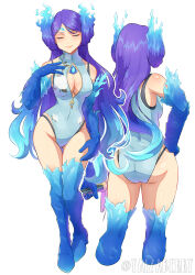 1girl aqua_one-piece_swimsuit ass blue_fire blue_one-piece_swimsuit blue_thighhighs blush breasts brighid_(water_lily)_(xenoblade) brighid_(xenoblade) chest_jewel cleavage cleavage_cutout closed_eyes closed_mouth clothing_cutout covered_navel fiery_hair fire gloves highres holding holding_sword holding_weapon large_breasts long_hair missing_commentary navel one-piece_swimsuit purple_hair simple_background smile solo swimsuit sword thighhighs weapon xenoblade_chronicles_(series) xenoblade_chronicles_2 yaizaberry