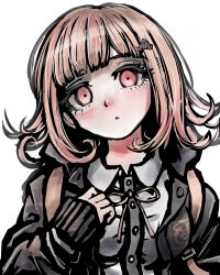 1girl :o black_jacket blush brown_hair collared_shirt danganronpa_(series) danganronpa_2:_goodbye_despair dress_shirt flipped_hair galaga grey_shirt hand_up highres jacket long_sleeves medium_hair nanami_chiaki neck_ribbon open_clothes open_jacket pink_eyes pink_ribbon ribbon shirt simple_background solo spaceship_hair_ornament tsukihi_shida white_background