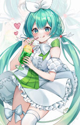 1girl :q absurdres bare_shoulders blush center_frills closed_mouth commentary_request cowboy_shot cup detached_sleeves dress drinking_glass drinking_straw frilled_dress frills green_eyes green_hair hair_ribbon hatsune_miku heart highres holding holding_cup long_hair looking_at_viewer melon_soda nail_polish noneon319 puffy_detached_sleeves puffy_sleeves ribbon single_thighhigh sleeveless sleeveless_dress smile solo thighhighs tongue tongue_out twintails very_long_hair vocaloid white_dress white_ribbon white_thighhighs zoom_layer