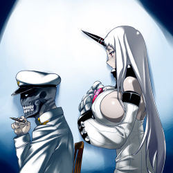 Rule 34 | 10s, 1boy, 1girl, abyssal admiral (kancolle), abyssal ship, admiral (kancolle), blue eyes, breasts, chair, chocolate, claws, detached sleeves, dress, hands on own chest, hat, horns, huge breasts, kantai collection, long hair, looking at another, military, military uniform, naval uniform, npqhytt12, parted lips, pen, red eyes, ribbed sweater, seaport princess, single horn, sitting, skull, standing, sweat, sweater, tabigarasu (mahjong yuugen gaisha 58), valentine, white dress, white hair