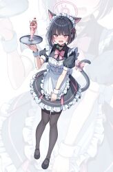 1girl absurdres alternate_costume animal_ears apron bar_censor bell black_choker black_pantyhose black_shoes black_skirt blue_archive blunt_bangs blunt_ends blush bow cat_choker cat_ears cat_girl cat_tail censored choker colored_inner_animal_ears colored_inner_hair cowboy_shot embarrassed enmaided extra_ears fang food frilled_apron frilled_skirt frills full_body hair_ribbon halo hand_up highres holding holding_tray jingle_bell kazusa_(blue_archive) maid maid_apron maid_headdress multicolored_hair neck_bell nose_blush ojyomu pantyhose parfait pink_bow pink_halo pink_ribbon puffy_short_sleeves puffy_sleeves ribbon shoes short_hair short_sleeves simple_background skin_fang skirt strawberry_parfait sweatdrop tail tail_bow tail_ornament tray two-tone_hair v-shaped_eyebrows waist_apron white_apron white_background white_wrist_cuffs wrist_cuffs zoom_layer
