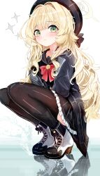 1girl absurdres aiu_. black_coat black_hat black_skirt black_thighhighs blonde_hair blue_archive bow bowtie closed_mouth coat commentary full_body green_eyes halo hat highres long_hair long_sleeves looking_at_viewer miniskirt pleated_skirt professor_niyaniya_(blue_archive) red_bow red_bowtie skirt smile solo sparkle squatting thighhighs wavy_hair yellow_halo