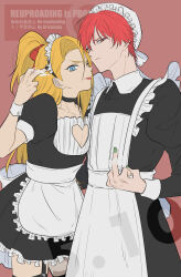 2boys apron asymmetrical_bangs black_choker black_nails blonde_hair bow choker collared_shirt crossdressing deidara_(naruto) dress frilled_dress frills hair_bow hat hayamin35 heart high_ponytail highres juliet_sleeves long_dress long_hair long_sleeves maid maid_headdress male_focus male_maid middle_finger multiple_boys naruto_(series) naruto_shippuuden one_eye_closed petticoat pink_background ponytail puffy_sleeves red_eyes red_hair sasori_(naruto) shirt short_dress short_hair simple_background thighhighs trap victorian_maid watermark wrist_cuffs zettai_ryouiki