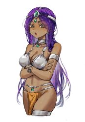 Rule 34 | 1girl, armlet, belly chain, bracelet, breasts, brown eyes, choker, cleavage, commentary, cowboy shot, crossed arms, dark-skinned female, dark skin, dragon quest, dragon quest iv, earrings, forehead protector, gem, green gemstone, highres, jewelry, large breasts, long hair, looking at viewer, manya (dq4), metal bikini, navel, open mouth, orange loincloth, parted hair, pelvic curtain, purple hair, silver armlet, silver choker, silver thighlet, solo, sphere earrings, thighlet, white background, wmj es