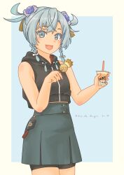 1girl :3 absurdres bike_shorts bike_shorts_under_skirt black_shirt blue_eyes cowboy_shot double_bun drink food grey_skirt hair_bun highres hooded_shirt kantai_collection official_alternate_costume pleated_skirt pot-de shimane_maru_(kancolle) shimane_maru_(rainy_season)_(kancolle) shirt short_hair shorts shorts_under_skirt skirt sleeveless sleeveless_shirt smile solo standing takoyaki