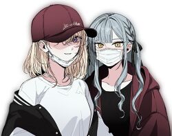 2girls bang_dream! bang_dream!_it&#039;s_mygo!!!!! baseball_cap black_jacket black_ribbon black_shirt blonde_hair blue_hair braid commentary_request hair_between_eyes hair_ribbon hat jacket korean_commentary long_hair looking_at_viewer mask mask_pull medium_hair misumi_uika mouth_mask multiple_girls nutella_1231 open_clothes open_jacket purple_eyes red_hat red_jacket ribbon shirt sidelocks simple_background togawa_sakiko upper_body white_background white_mask white_shirt yellow_eyes