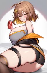 1girl anis_(nikke) ass bare_shoulders black_shorts black_thighhighs blush breasts brown_hair can goddess_of_victory:_nikke hair_ornament highres holding holding_can huge_breasts kaptivate looking_at_viewer parted_lips short_shorts shorts smile solo thick_thighs thigh_strap thighhighs thighs