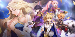 Rule 34 | 1boy, 4girls, ahoge, aiguillette, animal ear fluff, animal ears, antique firearm, arm belt, armor, armored boots, baggy pants, belt, belt buckle, blonde hair, blue cape, blue dress, blue eyes, boots, bracelet, breasts, brown belt, brown boots, brown jacket, buckle, cape, capelet, closed mouth, coat, dark-skinned male, dark skin, dress, dual wielding, elizabeth (goddess order), epaulettes, fighting stance, finger on trigger, firearm, firelock, flintlock, fox boy, fox ears, fox tail, gauntlets, gem, goddess order, gold bracelet, green eyes, gun, hair between eyes, hair ornament, hair ribbon, half-closed eyes, heterochromia, high collar, highres, holding, holding gun, holding sword, holding weapon, jacket, jan (goddess order), jewelry, key visual, knee boots, lisbeth leonhart, long sleeves, looking at viewer, looking to the side, mace, medium breasts, military uniform, multicolored hair, multiple belts, multiple girls, no shirt, official art, official wallpaper, open mouth, orange eyes, orange hair, outstretched arms, own hands clasped, own hands together, pages, pants, parted bangs, pauldrons, pink hair, promotional art, purple capelet, purple coat, purple eyes, purple hair, purple jacket, red eyes, red gemstone, red hair, red lips, red ribbon, ribbon, shawl, shirt, short hair, shoulder armor, sia (goddess order), sidelocks, single gauntlet, single pauldron, sleeves past wrists, spiked mace, spikes, spread arms, strapless, streaked hair, sword, tail, twintails, violet (goddess order), weapon, white belt, white dress, white shawl, white shirt, wing collar, yellow ribbon