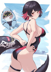 1girl alternate_costume ass bangboo_(zenless_zone_zero) bare_shoulders black_hair black_one-piece_swimsuit breasts chinese_commentary closed_mouth colored_inner_hair commentary_request cowboy_shot criss-cross_back-straps ear_piercing ellen_joe fins fish_tail hand_on_own_hip highres jojobirdz large_breasts looking_at_viewer mole mole_under_eye multicolored_hair nail_polish one-piece_swimsuit orange_eyes outdoors piercing pink_hair red_nails shark_girl shark_tail sharkboo_(zenless_zone_zero) short_hair shoulder_blades sideboob solo swimsuit tail thighs zenless_zone_zero
