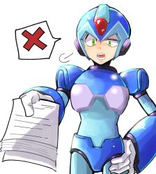 Rule 34 | 1boy, android, armor, blue armor, blue helmet, check commentary, commentary request, cowboy shot, forehead jewel, green eyes, helmet, highres, holding, holding paper, looking at viewer, male focus, mega man (series), mega man x (series), meshiuma0x, paper, simple background, solo, spoken x, white background, x (mega man)
