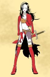 1girl aira_(dq7) black_hair boots breasts cleavage dragon_quest dragon_quest_vii earrings female_focus gloves high_heel_boots high_heels jewelry long_hair smile solo thigh_boots thighhighs