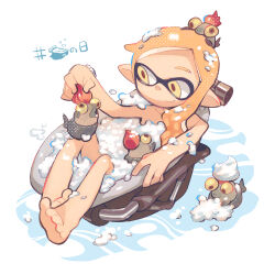 Rule 34 | 1girl, barefoot, bathing, closed mouth, collarbone, commentary request, completely nude, full body, highres, inkling, inkling girl, inkling player character, kitaya, nintendo, nude, orange hair, pointy ears, simple background, sitting, smallfry (splatoon), smile, solo, splatoon (series), splatoon 3, tentacle hair, white background, yellow eyes